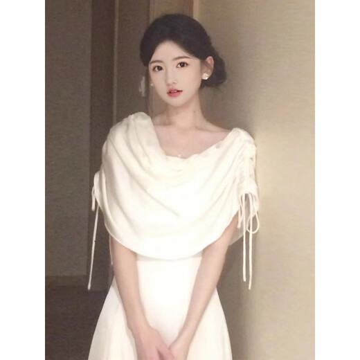 ACJK French style gentle white moonlight swing collar dress feminine and beautiful waist waist banquet dress long skirt off-white L