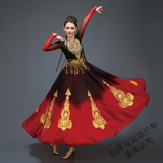 Jingting Xinjiang Uyghur Dance Costumes Female Uyghur Costumes Adult Square Performing Arts Examination Large Swing Skirt Set Hat + Dress + Waistband + Pants S (85-100Jin Jin is equal to 0.5 kg)