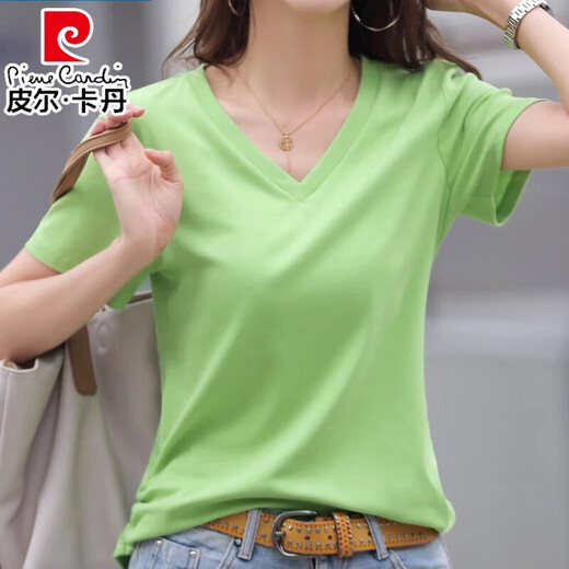 皮尔卡丹（pierre cardin）薄款休闲纯棉v领正肩短袖T恤女夏季韩版新款时尚运动气质T恤衫潮 气质紫(纯棉9854款) S 85-95斤