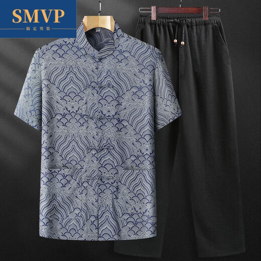 SMVP唐装夏季桑蚕丝男套装真丝中老年短袖薄款衬衫棉爸爸夏装爷爷中国 灰蓝套装 均码 3890-100斤