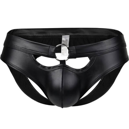 Men's underwear, imitation leather, double thong briefs, sexy patent leather youth stage performance briefs, black M