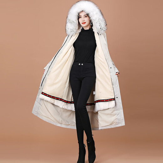 奥豚派克服女大衣长款獭兔毛皮草内胆可拆卸外套MXG2105 米白色  M 