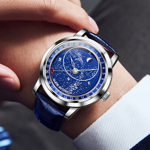 
OLEVS watch men's mechanical watch men's fully automatic waterproof brand luminous starry sky dial casual and versatile men's watch Li 9923G blue leather natural color starry sky blue face men 43.5mm dial diameter: