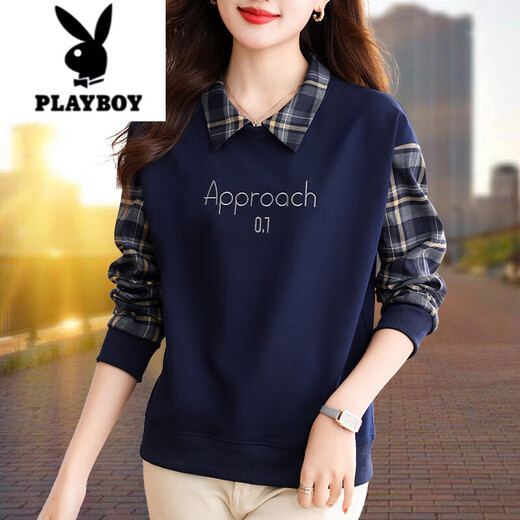 花花公子（PLAYBOY）假两件绣花卫衣女2025新款春秋装百搭显瘦休闲宽松打底衫加绒上衣 浅灰色（春秋款） M (80-95斤)