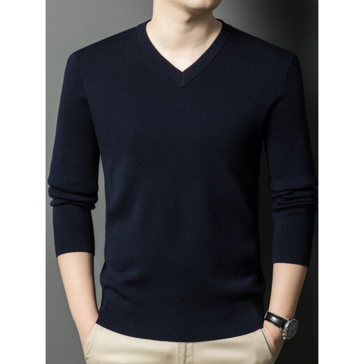 Nosskiss automne et hiver en V-collier de poulet Coule de poulet de poulet à pure manche de base en laine pure lavable à la machine pour le pull intérieur et rouge de couleur solide pour l'année pour l'année du zodiaque. Sur Blue L 175 [adapté à 135-150jin [Jin est égal à 0,5 kg]]]
