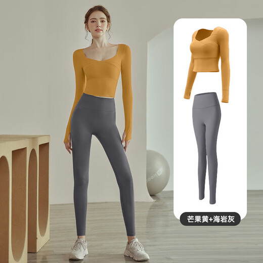 COZOK high-end autumn and winter yoga clothing suit for women new running sports fitness top long-sleeved Pilates training clothing honey pomelo pink + sea rock gray S