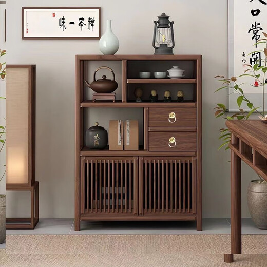 Shuangzhaobo ancient shelf new Chinese style tea room solid wood Duobao Pavilion balcony tea cabinet storage rack living room simple sideboard A style walnut color left cabinet