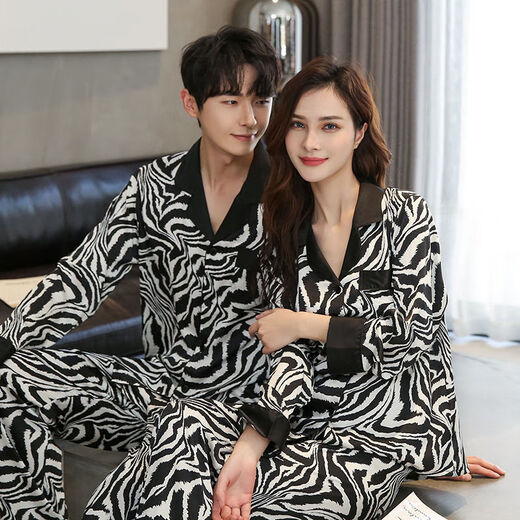 Langsha Couple Pajamas Women's Ice Silk Long Sleeves Long Pants Lapel Korean Style Lovers Couple Print Men's Home Clothes Set 159 Black and White XL Women