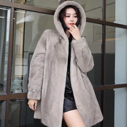 Winter Home Brand Fur 2025 Neu importiertem Nerzmantel Frauen Voller Nerz-Kapuzen mit mittlerer Länge Nerzfell Jacke Silber Blue XL 120jin [Jin entspricht 0,5 kg] -140jin [Jin ist gleich 0,5 kg]