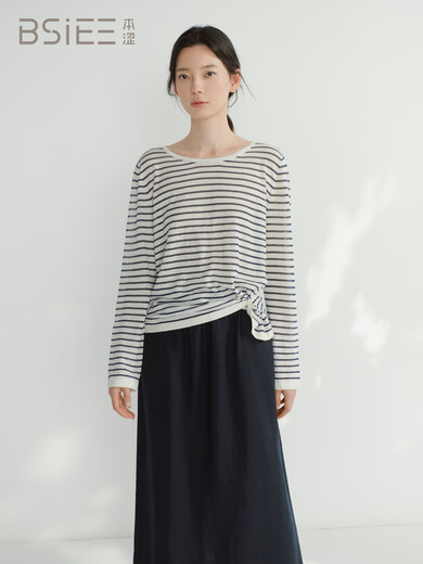 
BSIEE 2025 summer new round neck design with irregular long sleeve thin sweater pullover knit sweater Navy blue L