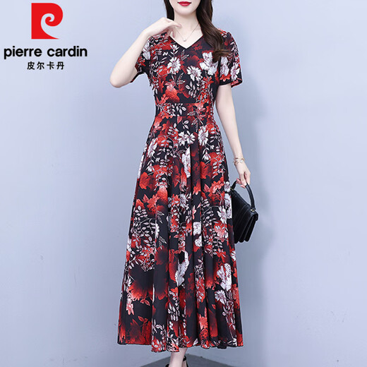 皮尔卡丹（pierre cardin）气质碎花连衣裙女2025新款夏季中年妈妈高端洋气百搭雪纺长款裙子 水墨花9761 M 建议95-104斤