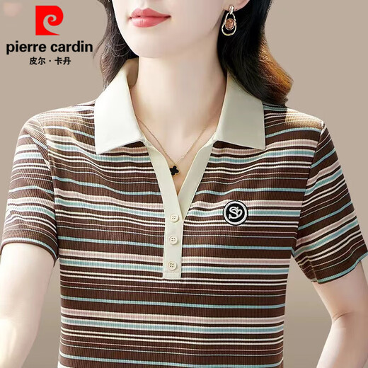 Pierre cardin fashionable mom M short-sleeved T-shirt 25 summer new casual top middle-aged women's fashionable age-reducing slimming base shirt 9926 brown M