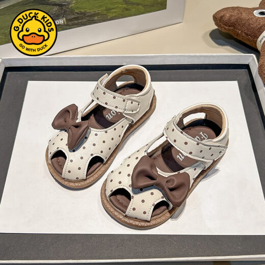 G.duck Little Yellow Duck Girls Sandals 2025 Summer New Children's Baotou Hollow Girls Baby Polka Dot Princess Boken Shoes Off-White 22