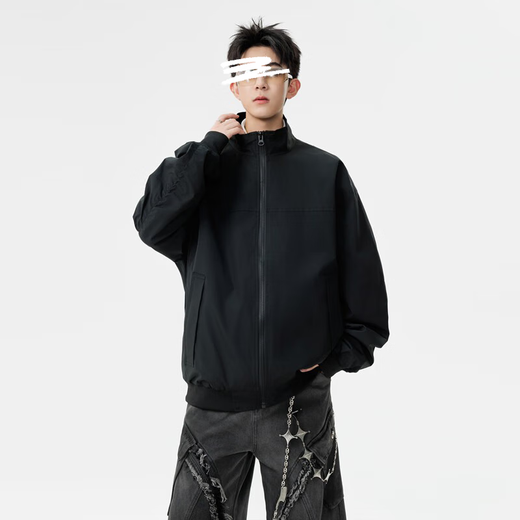 Homlean solid color jacket men's autumn versatile loose top stand collar fashion jacket casual versatile HK16 black L