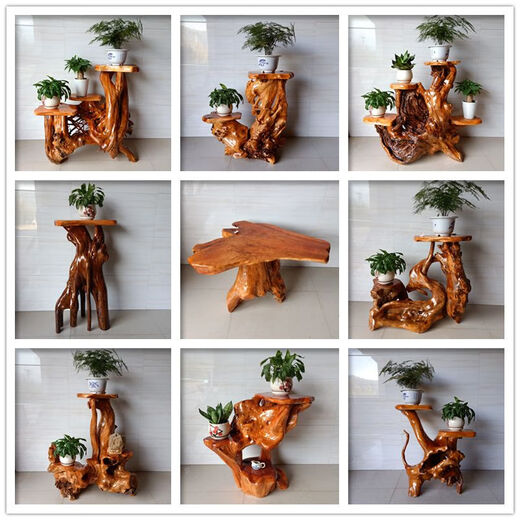 
Log root carved rack tree root natural ornament living room multi-layer bonsai rack fish tank solid wood base balcony bright yellow 16867