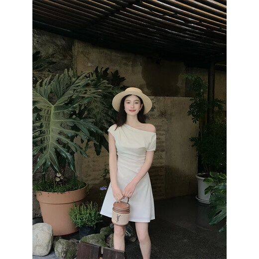 EIA Yiyao elegant art student temperament intellectual simple slanted shoulder dress women summer long and short skirt apricot long dress slightly shot L 110Jin Jin is equal to 0.5kg 120Jin Jin is equal to 0.5kg