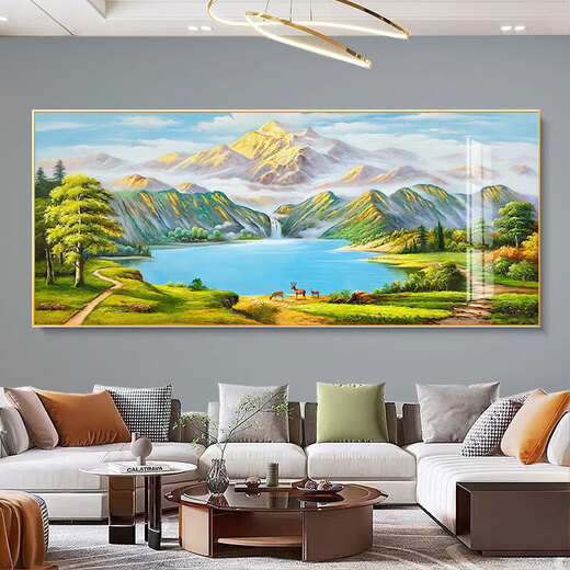 Back to Jinshan Living Room Decorative Painting Cornucopia Sofa Chinese Style Background Wall Hanging Painting Landscape Mural 13306 12596 Sunrise Green Mountain 120*50 Golden Aluminum Frame + Crystal Porcelain