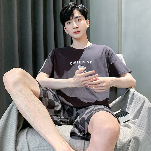 
SHUO GU JIN Summer Men's Short Sleeve Pajamas Thin Cotton Casual Plus Size Teen Home Clothing Men's Loose Suit Summer D9928 L Men