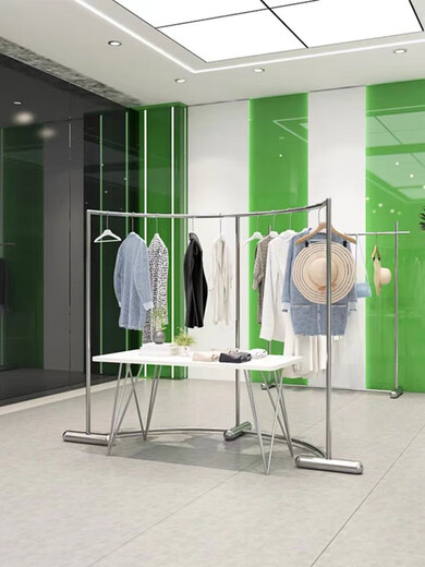 服装店展示架弧形中岛架货架落地新款不锈钢半圆男挂衣服架子 长150*高15051粗底座