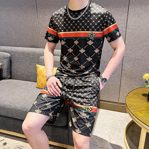 花花公子（PLAYBOY）轻奢潮牌男装夏装2025新款衣服男士冰丝t恤短袖短裤搭配一整套装 829白色套装 L 适合105-120斤