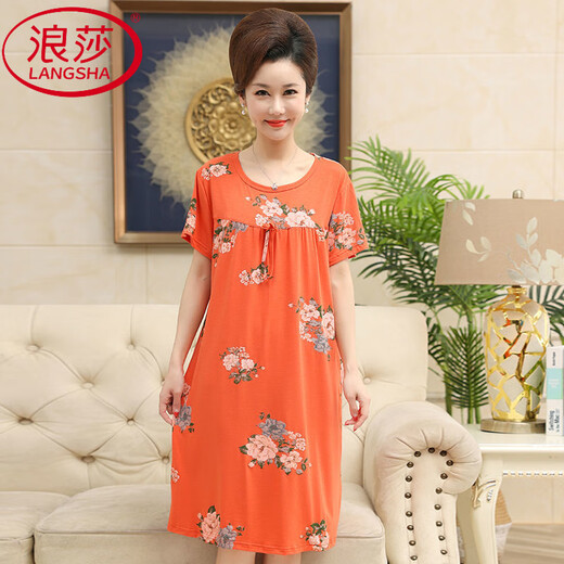 LangSha nightgown for women in summer short-sleeved cool feeling modal thin cotton silk mother loose long dress for mothers Y9905 L [recommended %7E120Jin [Jin equals 0.5 kg] wear]