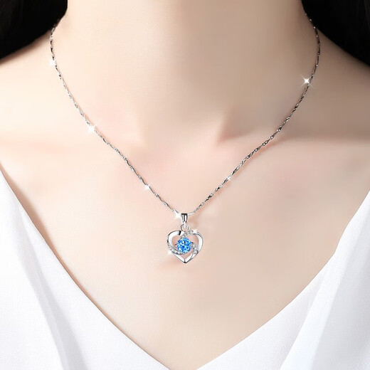 Faqiao Eternal Heart Platinum Necklace for Women PT950 Moissanite Platinum Chinese Valentine's Day Gift for Girlfriend Light Luxury Style - Inlaid with Ocean Heart Topaz