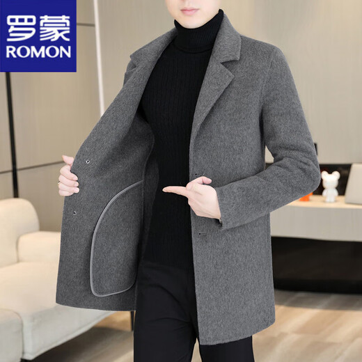ROMON double-sided woolen coat for men 2025 spring and autumn high-end mid-length woolen windbreaker trendy brand handsome woolen coat 24001 Gray M 170 Recommended 90-110Jin Jin is equal to 0.5 kg