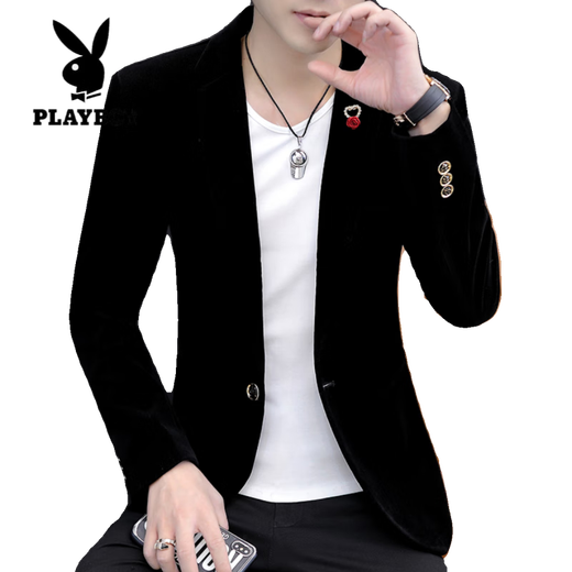 Playboy (PLAYBOY) suit men's Korean version slim fit gold velvet velvet casual small suit dress trendy men's business iron-free jacket top 905 black XL