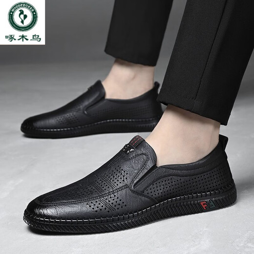 Holzspecker Sommer Neu 100% volles Kuhpferdhahn neues Leder neue Ledersandalen Dicke Sohle Kleidung-resistente hohle atmungsaktive Dad Schuhe 6999 Schwarz Leder Boutique Version 41