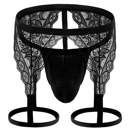 Men's lace thongs, sexy underwear, men's low waist solid color hollow thin belt, transparent single thongs, T-trousers, g, white, L, single size
