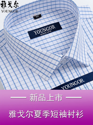 GY雅戈尔男士短袖衬衫夏季纯.棉免烫中年休闲商务职业正装格子衬衣 短袖蓝色DX6630 38