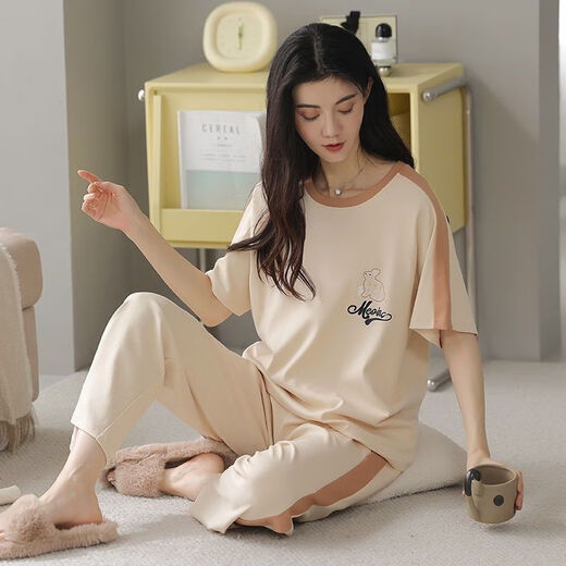 Meng Xinsheng Pyjamas für Frauen im Sommer im Sommer Pure Cotton Kurzärmelhosen Dünne Baumwoll-Sommer-Runde Hals-Kleidungsset können außerhalb von Hose mit Kurzärärmern getragen werden: YZT9720 m