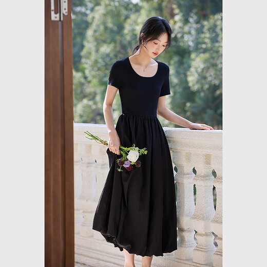 Vestiman Slim Vestido de manga corta en verano Nuevo francés Slim Hepburn Style Long Skirt Black M