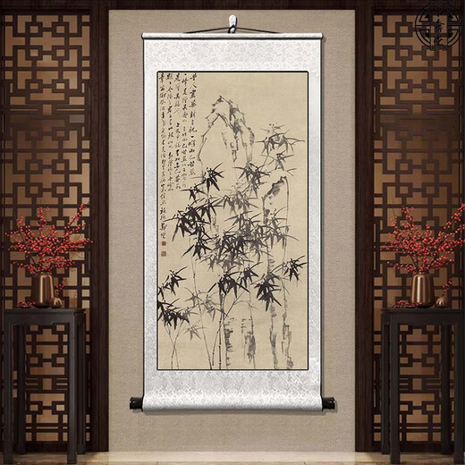 Book and Dance Hall Zheng Banqiao Bamboo Hanging Painting Celebrity Calligraphy and Calligraphy Ink Chinese Painting Bamboo Newspaper Peaceful Living Room Bedroom Landscape Decorative Painting Bamboo and Stone Pictures - Zheng Banqiao - Vertical Style - Silver White Style Overall Size Width 60 cm Height 160 cm (Hook included)