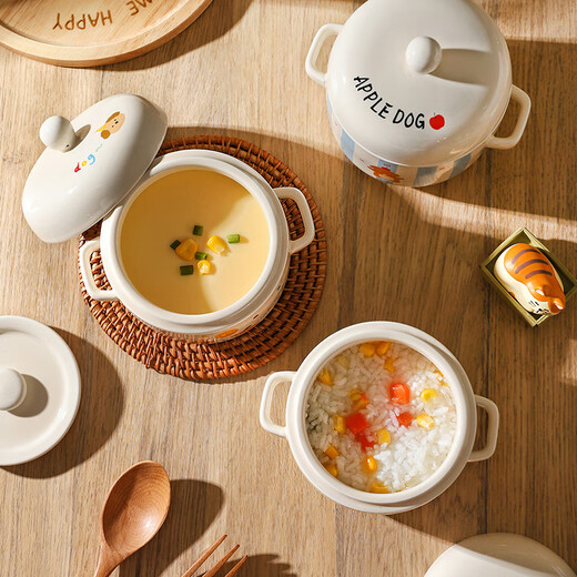 Sheli Cute Ceramic Stewing Cup Household Small Soup Cup with Cover Steamed Egg Bowl Isolated Water Stewing Steaming Cup Stewing Soup Crock Pot Stewing Bird's Nest Balloon Dog-Stewing Cup 550ML 500ml Can be steamed, baked or microwaved
