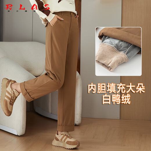 RLAS Brown Straight Down Pants Women's Winter Small Cuffed Nine-Point Wide-leg Pants Cold-proof Thickened Duck Down Cotton Pants Navy 26