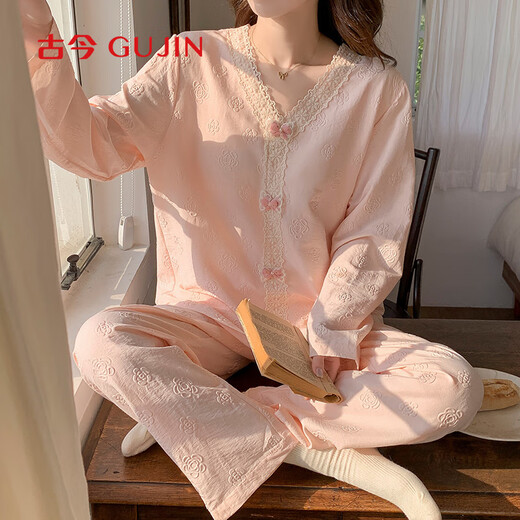 Ancient and Modern (GUJIN) with chest pads can be worn on the outside of jacquard pajamas for women's home clothes Spring and Autumn home clothes Cloud Cotton Pajamas Sweet Set L