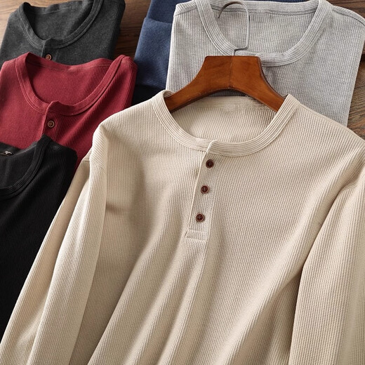 Kuraishi Kazuki waffle knitted bottoming long-sleeved T-shirt men's loose shirt Henry collar solid color casual inner top black L (150-170Jin Jin equals 0.5kg)