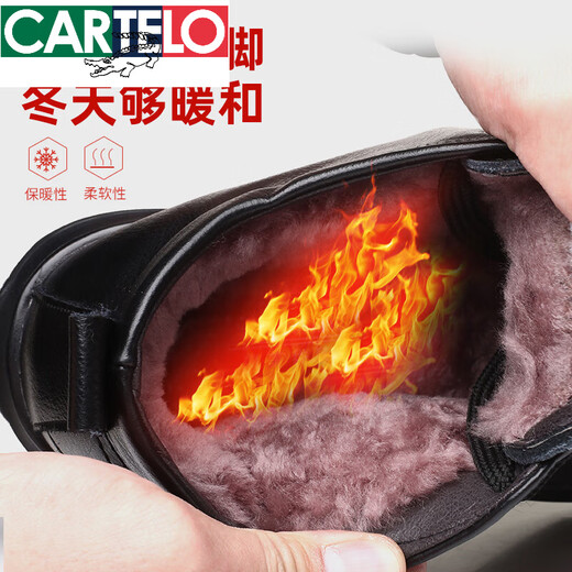 Cartelo-Baumwollschuhe Herren Frühling Fleece verdickt echtes Leder lässig Anti-Rutsch-Dad High Top-Baumwollschuhe warme Wollschnee Stiefel 9877 Schwarz Normal Edition 38