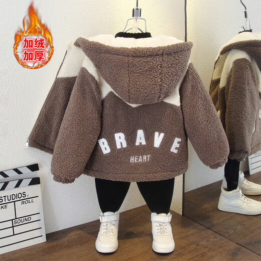 小红书爆款男童外套秋冬款棉服2羊羔绒3毛毛衣4帅气5岁宝宝加绒加 锯齿加绒毛毛衣咖啡色 cm 90