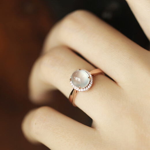 Haikai light luxury Burmese ice jade ring 18K gold inlaid jade cabochon women's ring engagement ring free white high ice white cabochon ring