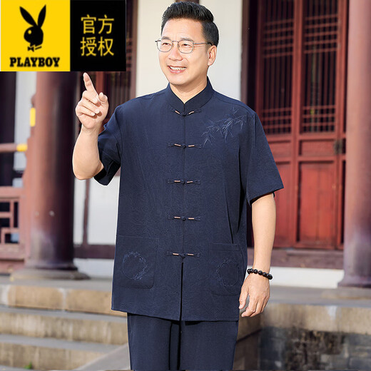 花花公子（PLAYBOY）爸爸夏季套装新款爷爷短袖新中式国风唐装男中老年人冰丝衣服 深灰色套装【上衣+长裤】 S 165/3890-115斤
