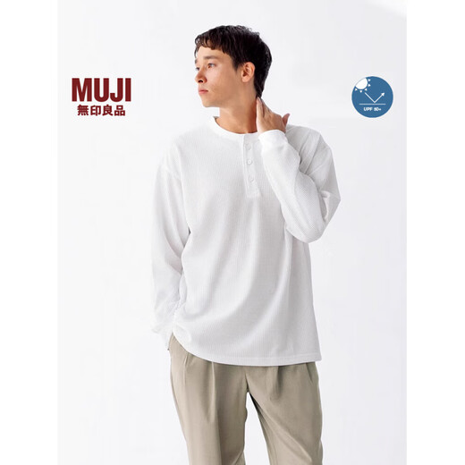 MUJI men's waffle henley collar long-sleeved T-shirt base layer hardcore sun protection light yellow S 165/84A