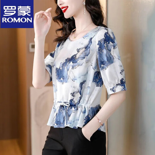 Romon Silk Shirt para mujeres en un nuevo estilo de verano de manga corta, camiseta de camiseta de seda de mulberry de manilla de manga corta que reduce la edad.