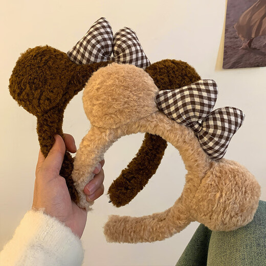 Miao Yijia Sweet Bow Cute Bear Ears Plush Headband Women's Winter Face Wash Makeup Hairband Brown Hairband Trendy Bow Bear Hairband Khaki