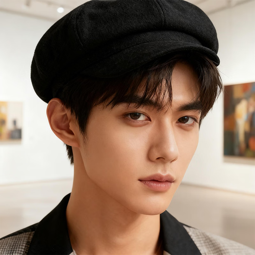 LZJV black British beret men's big head circumference autumn and winter retro hat octagonal hat men's style ins black trend black