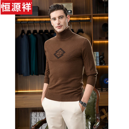 Hengyuanxiang 100% pure wool sweater double-turn turtleneck sweater for men autumn and winter thick Korean style high-end jacquard bottoming sweater Huixingka M 170