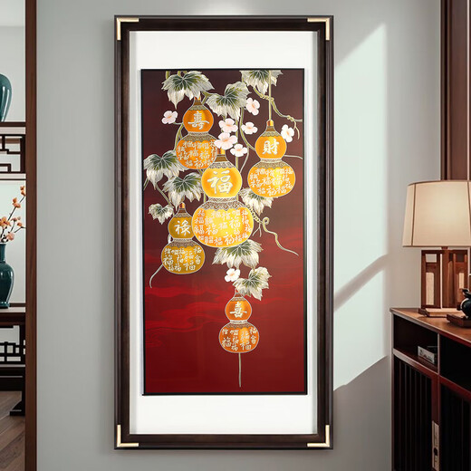 Yusenyi Five Blessings at the Door Entrance Porch Bronze Decoration Painting Hand-carved Brass Copper Plate Painting High-grade Walnut Frame Painting Five Blessings at the Door 70*140cm Requires a power cord socket on the wall to add LE lights Brass painting core hand-engraved + high-definition high-transparency tempered glass