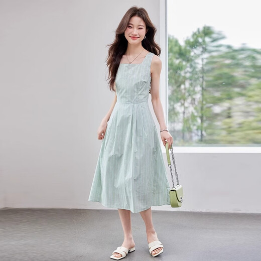 QCKZ条纹吊带连衣裙女2025夏季新款气质收腰显瘦法式高级感方领长裙子 Q9933白色衬衫+Q9922绿色连衣裙 S