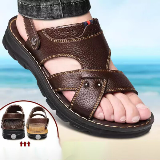 Taiwan Red Dragonfly Sandals Men's 2025 new genuine leather thick-soled beach summer wear dad's non-slip wear-resistant dual-purpose sandals 9928 brown 38